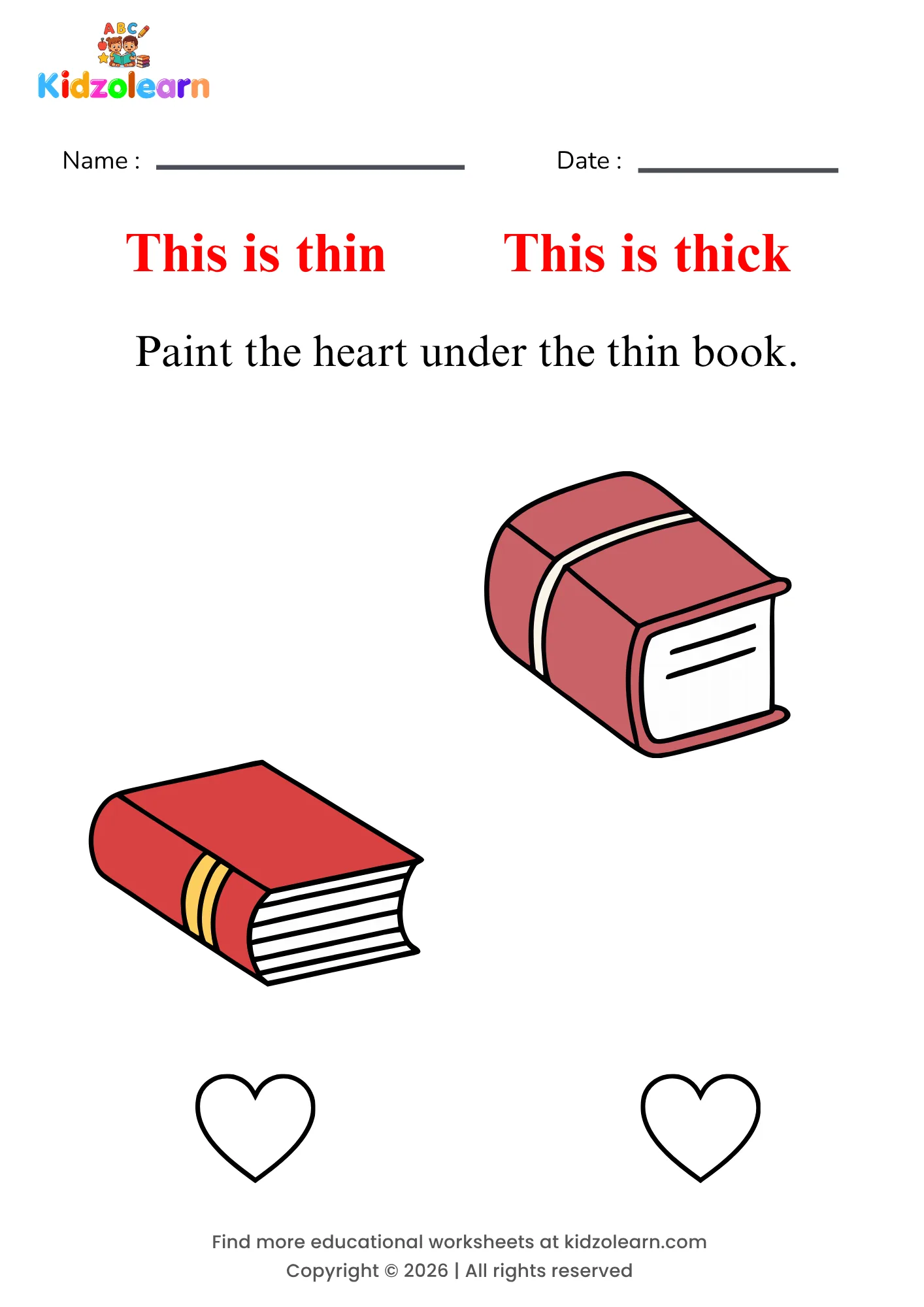 Free thick and thin worksheet for kids – printable PDF showing a thin book and a thick book for thickness comparison practice