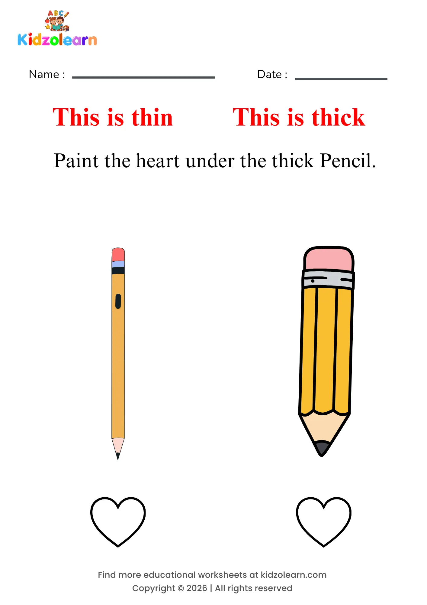 Free thin and thick worksheet for kindergarten – printable PDF showing a thin pencil and a thick pencil for thickness comparison practice
