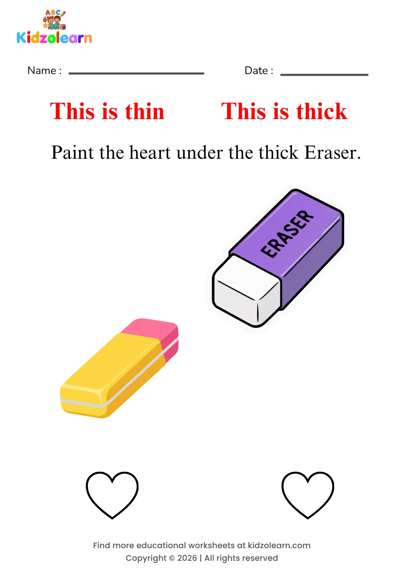 Free thin and thick worksheet for preschool – printable PDF showing a thin eraser and a thick eraser for thickness comparison practice