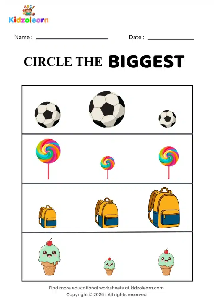 Free which one is bigger worksheet for kids – printable PDF showing a football, lollipop, backpack and ice cream cone for visual size comparison practice