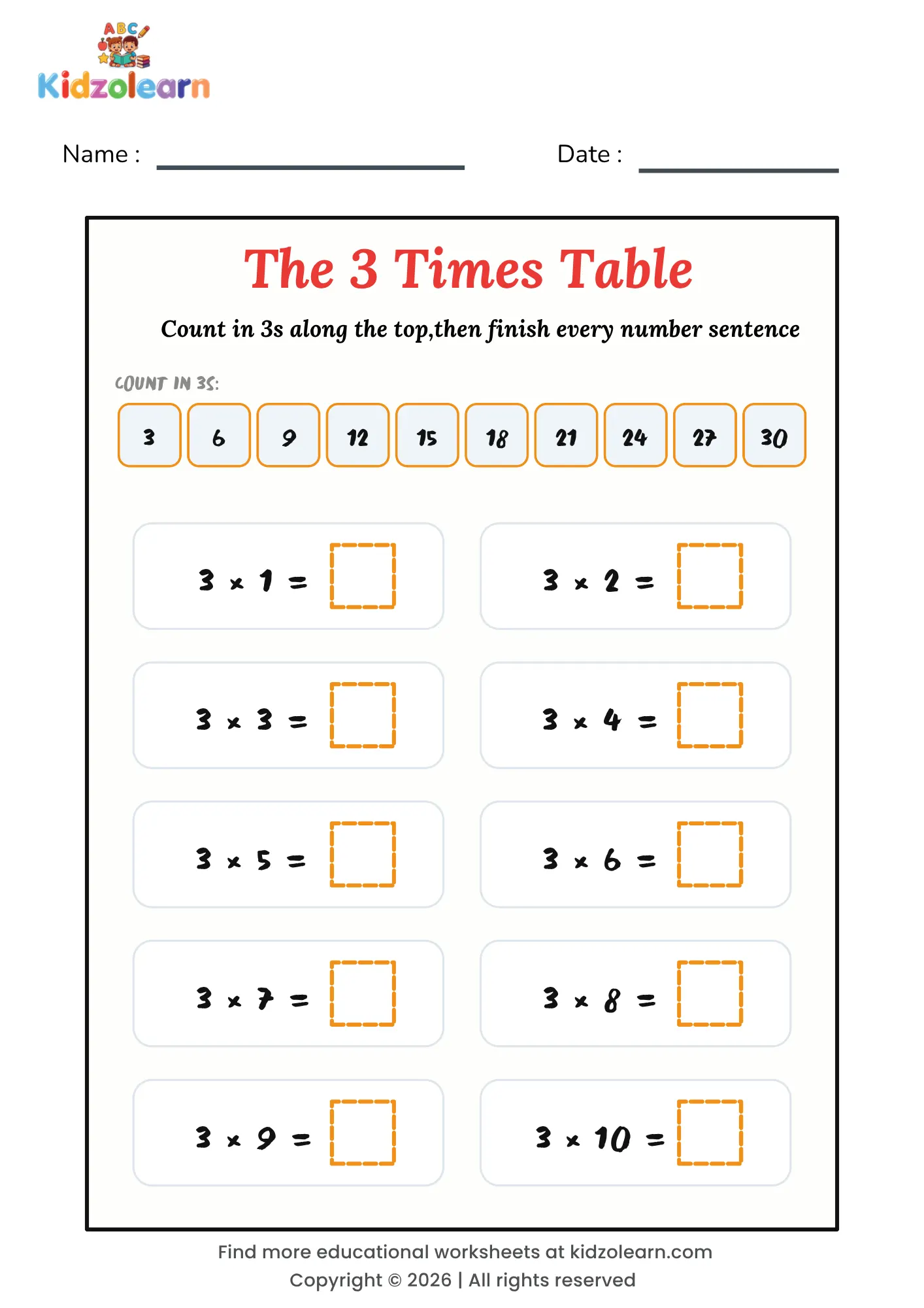 Free 3 times table worksheet for kids – printable PDF with a count in 3s strip and ten number sentences from 3x1 to 3x10