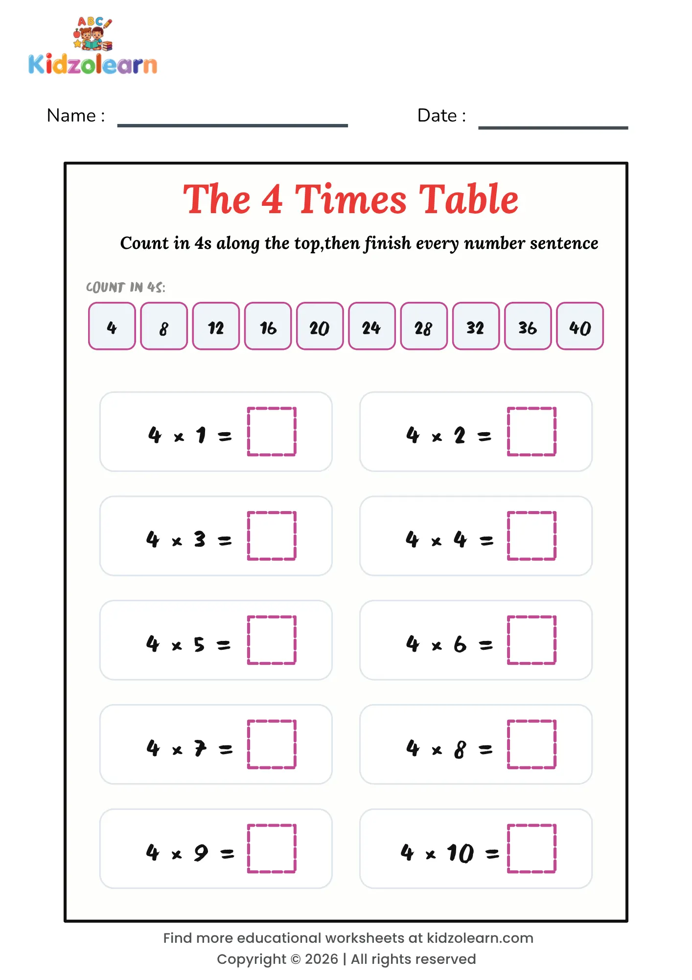 Free 4 times table worksheet for kids – printable PDF with a count in 4s strip and ten number sentences from 4x1 to 4x10