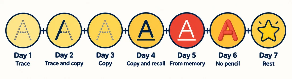 Seven-day routine fading from tracing letters on day one to writing letters from memory by day five
