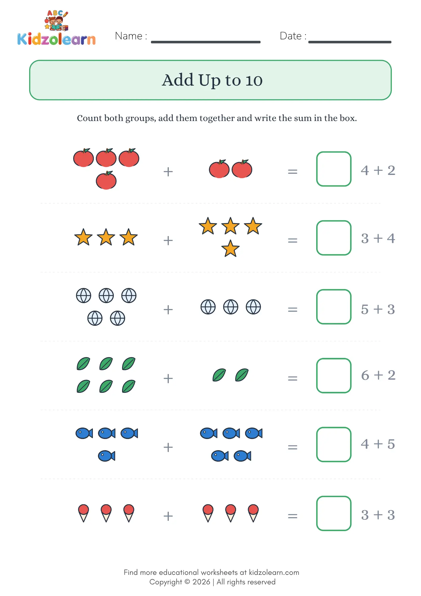 Free addition to 10 worksheet for kids – printable PDF with six rows of picture groups to count and add for sums up to 10