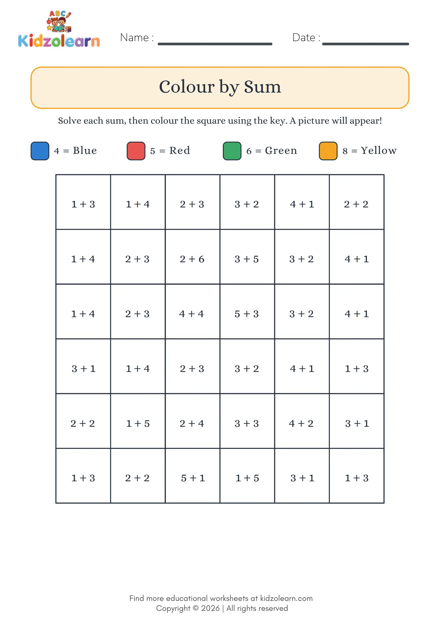 Free color by number addition worksheet for kids – printable PDF with a 36 square grid of sums and a four colour key that reveals a hidden picture