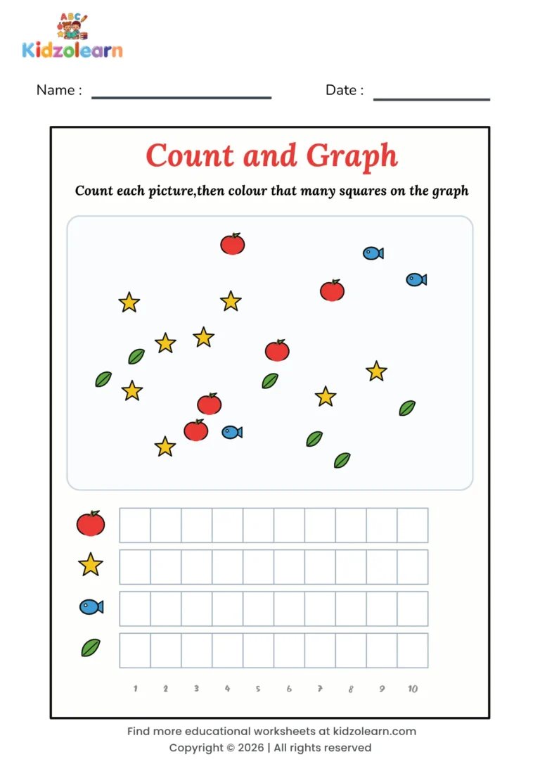 Free count and graph worksheet for kids – printable PDF with scattered pictures to count and a four row graph to colour in