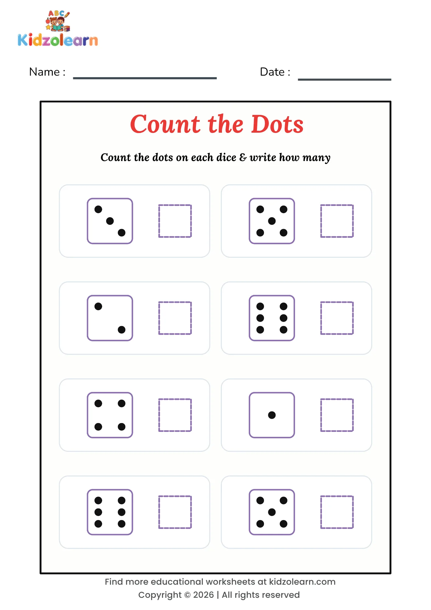 Free count the dots worksheet for kids – printable PDF with eight dice showing dot patterns from 1 to 6 to count and record