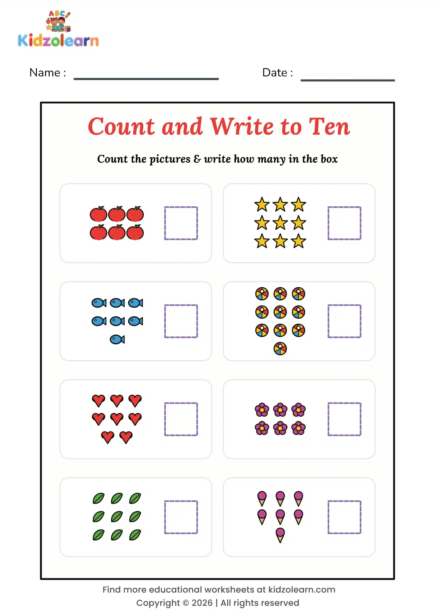 Free counting objects to 10 worksheet for kids – printable PDF with eight groups of 6 to 10 pictures to count and write the number
