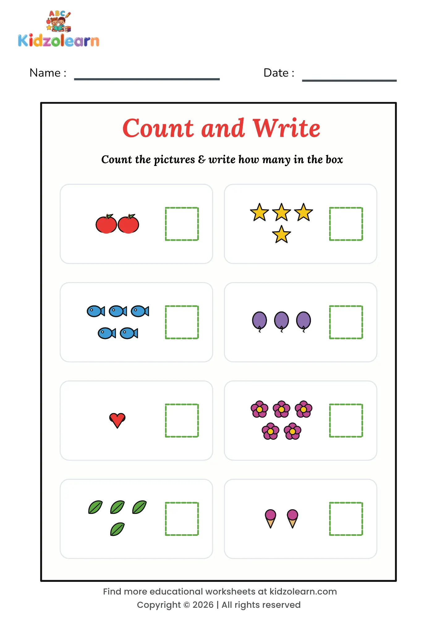 Free counting pictures worksheet for kids – printable PDF with eight small picture groups within 5 to count and write the number