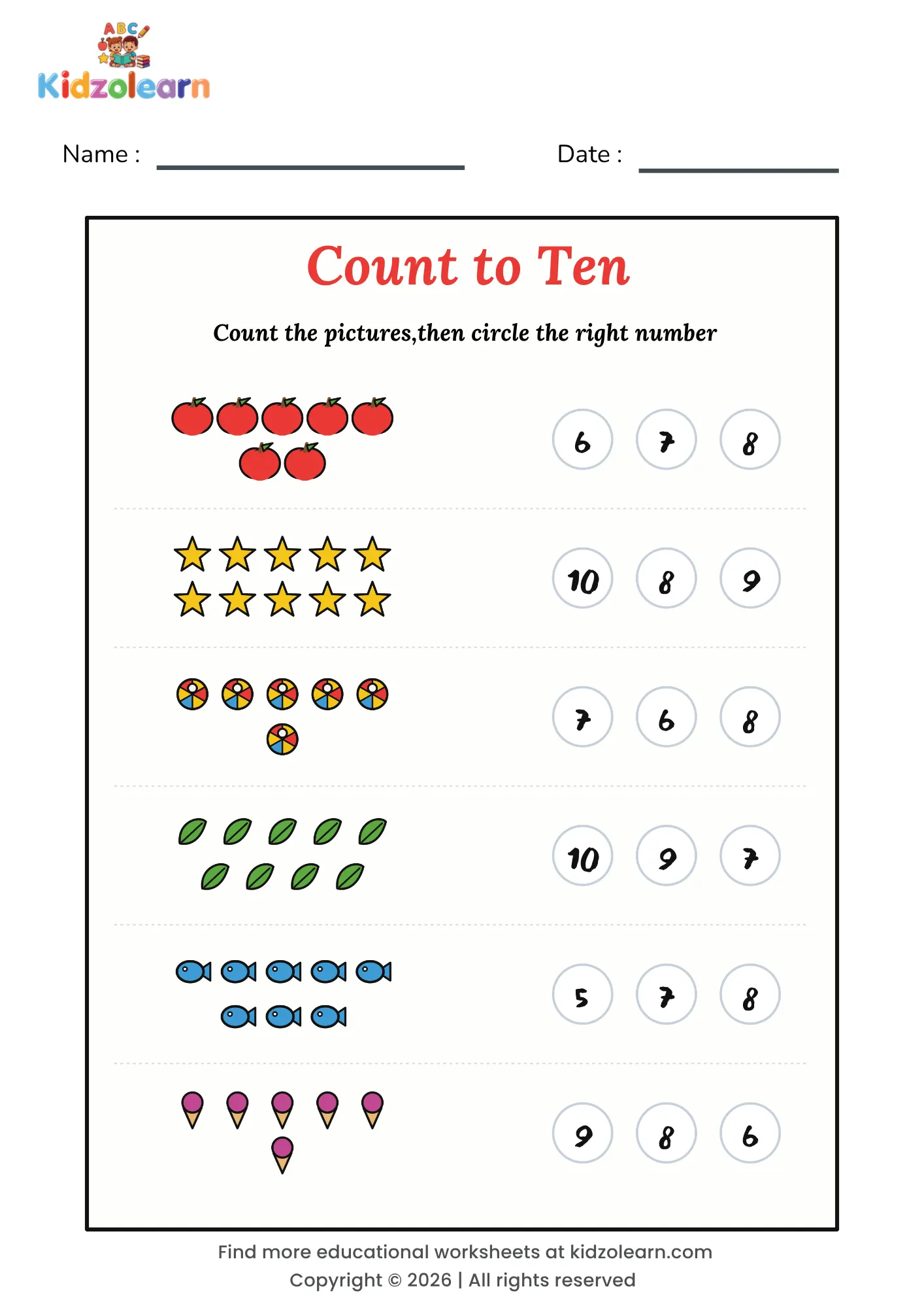 Free counting to 10 worksheet for kids – printable PDF with six rows of pictures from 6 to 10 and three numbers to choose from