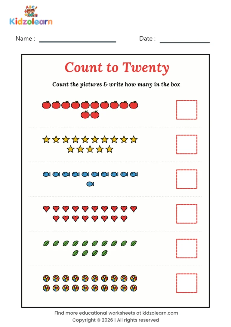 Free counting to 20 worksheet for kids – printable PDF with six rows of 11 to 20 pictures to count and write the number