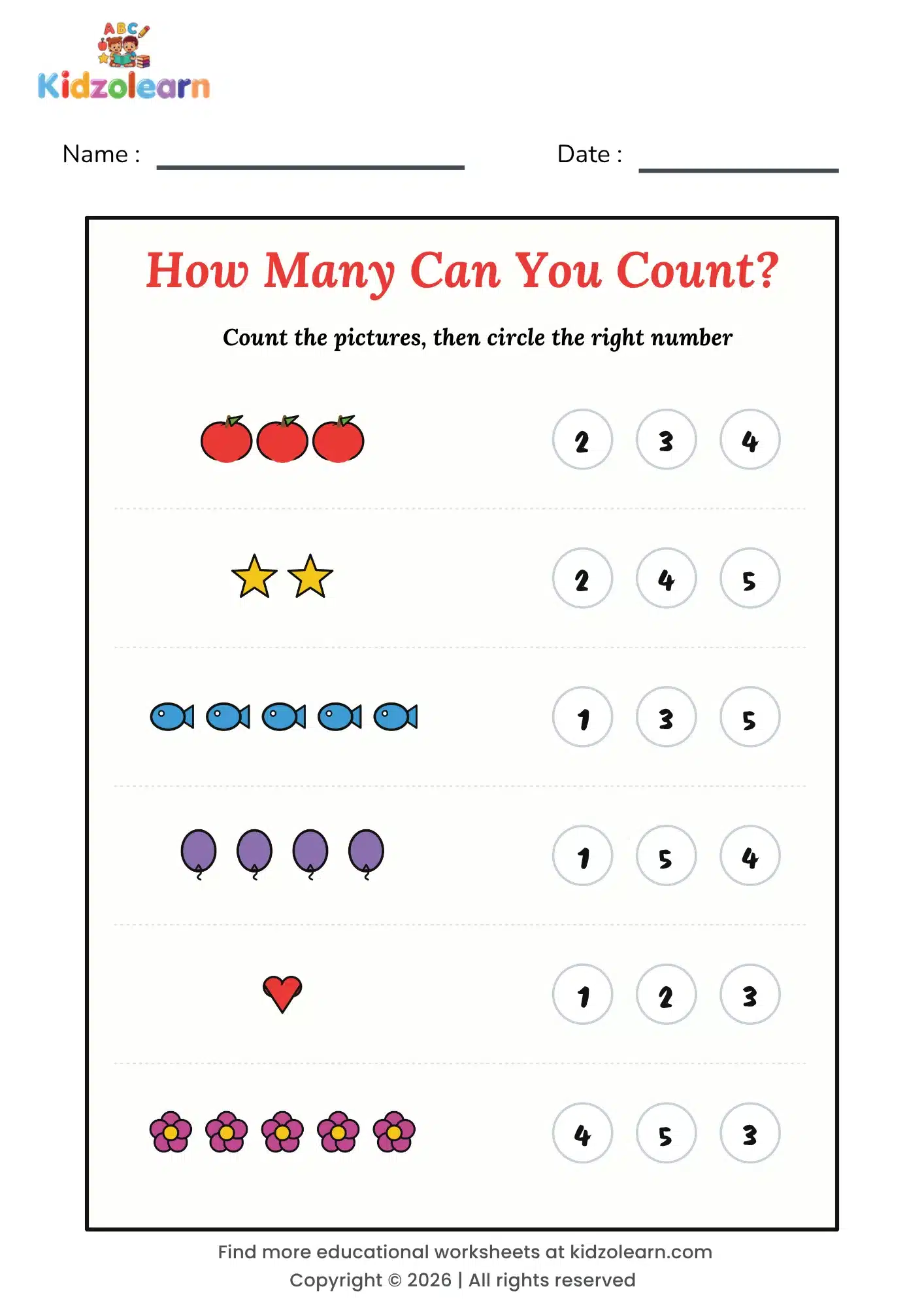Free counting to 5 worksheet for kids – printable PDF with six rows of pictures to count and three numbers to choose from