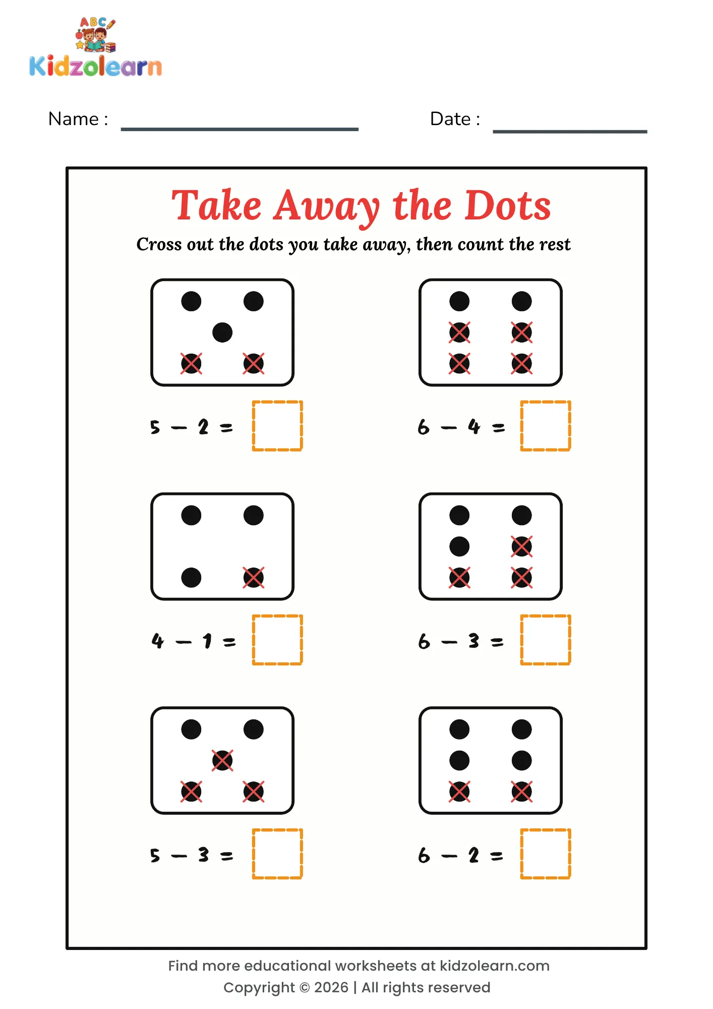 Free cross out subtraction worksheet for kids – printable PDF with six dot cards where children cross out dots and count the rest