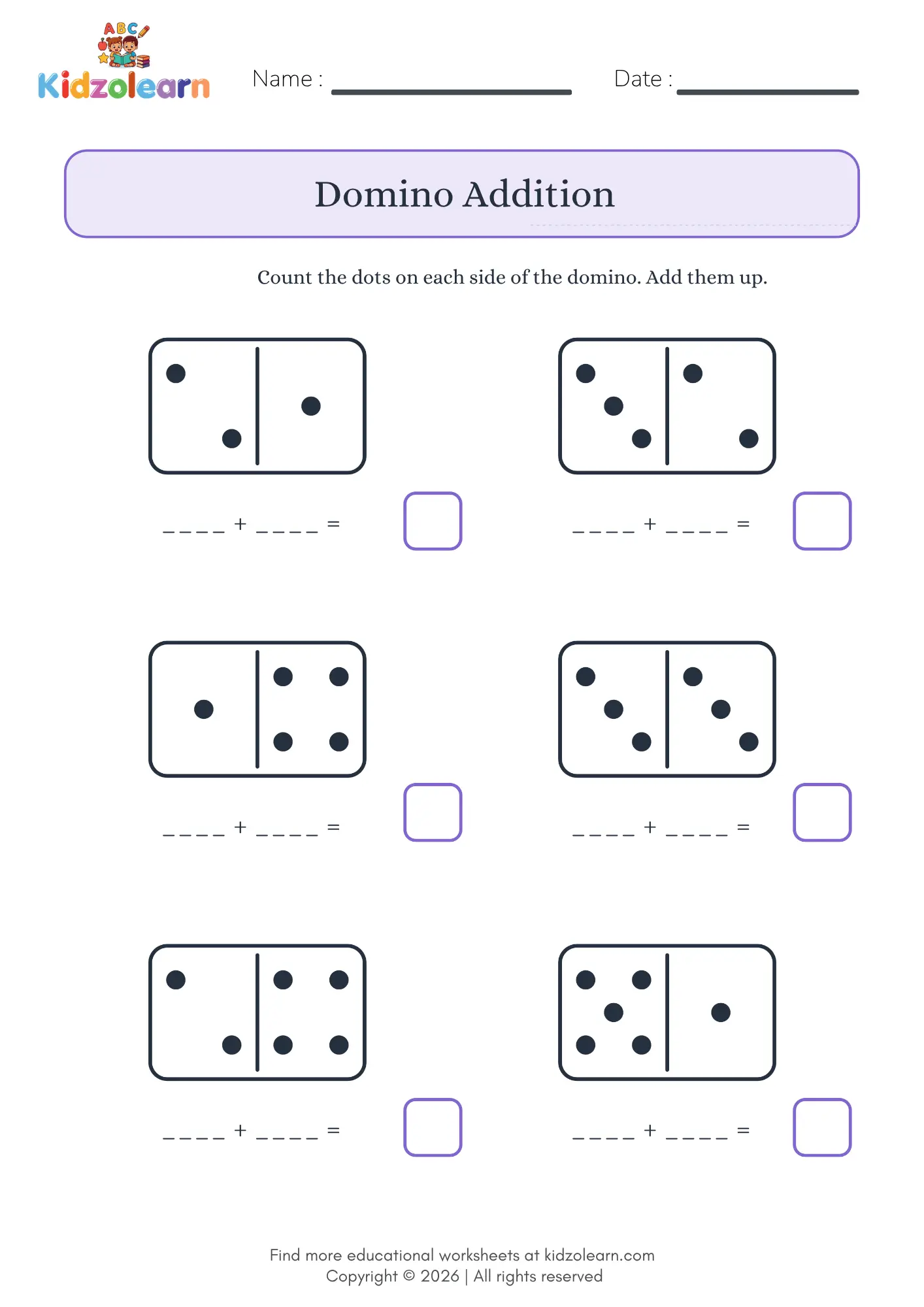 Free domino addition worksheet for kids – printable PDF with six dominoes to count, write both addends and add the dots together