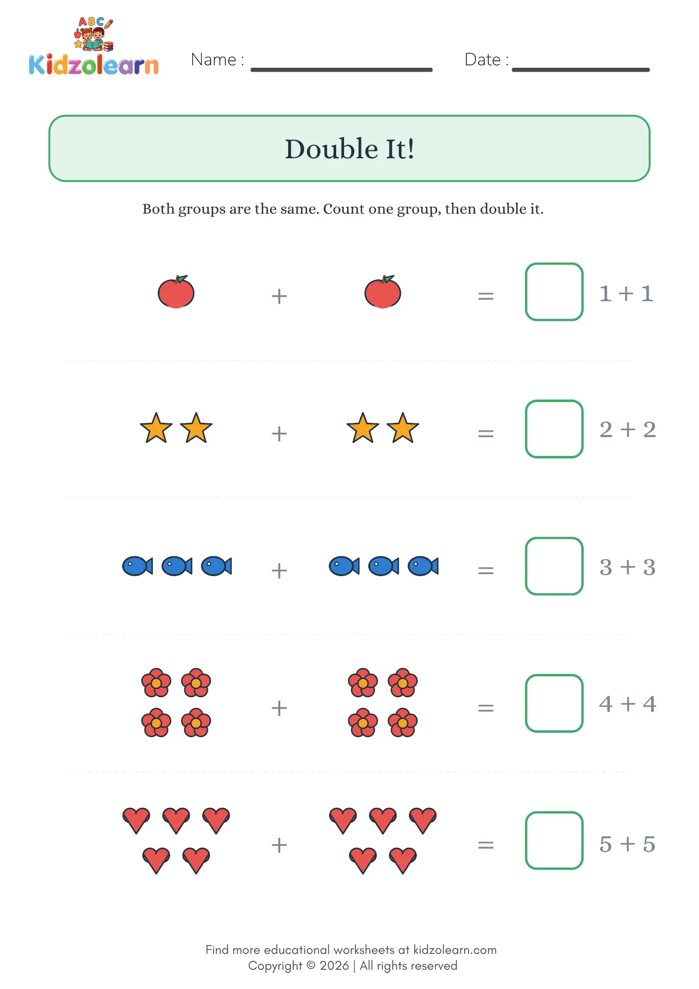 Free doubles addition worksheet for kids – printable PDF with five matching picture groups to count and double from 1+1 up to 5+5