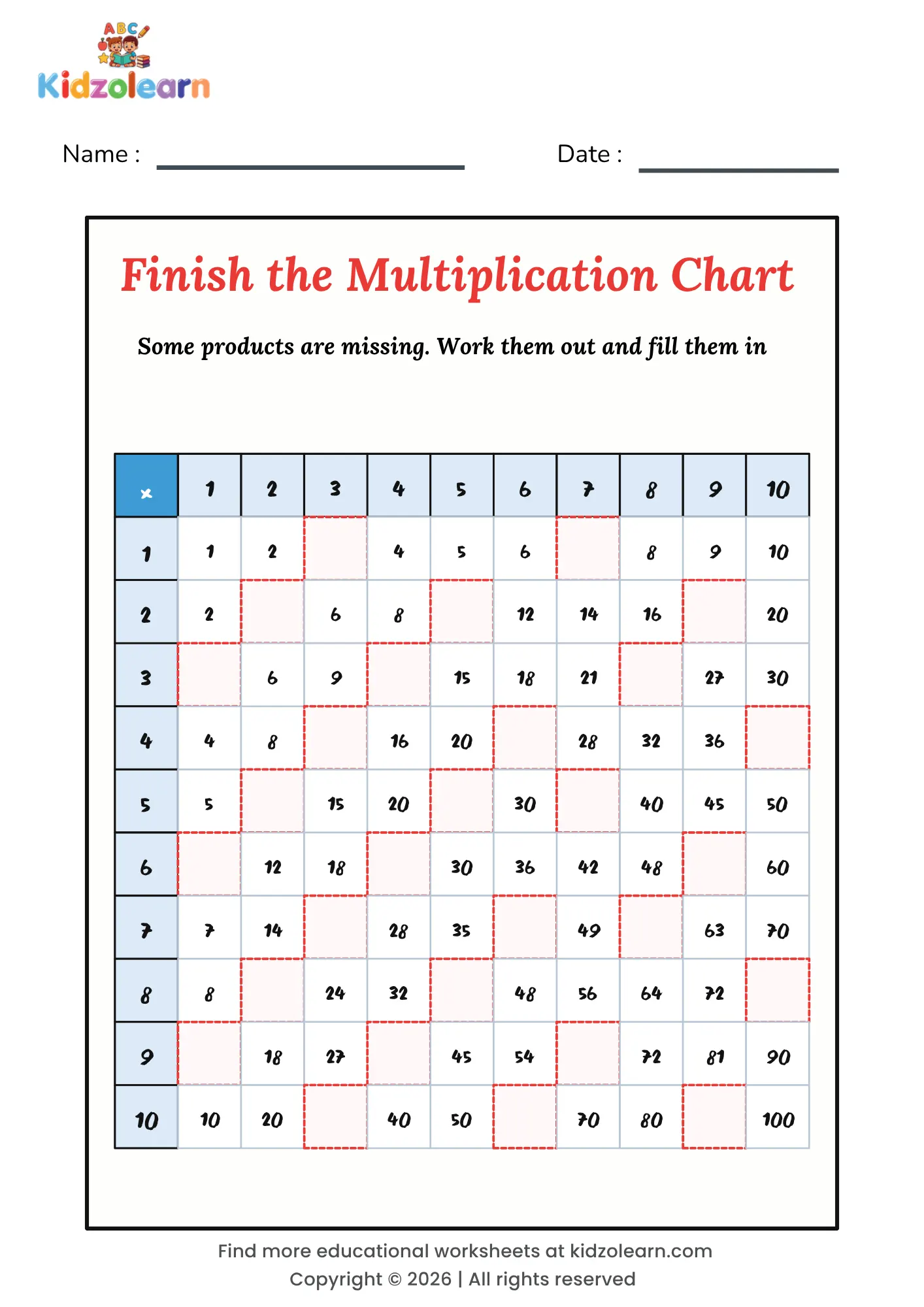 Free finish the multiplication chart worksheet for kids – printable PDF with a 10 by 10 times table grid with products missing
