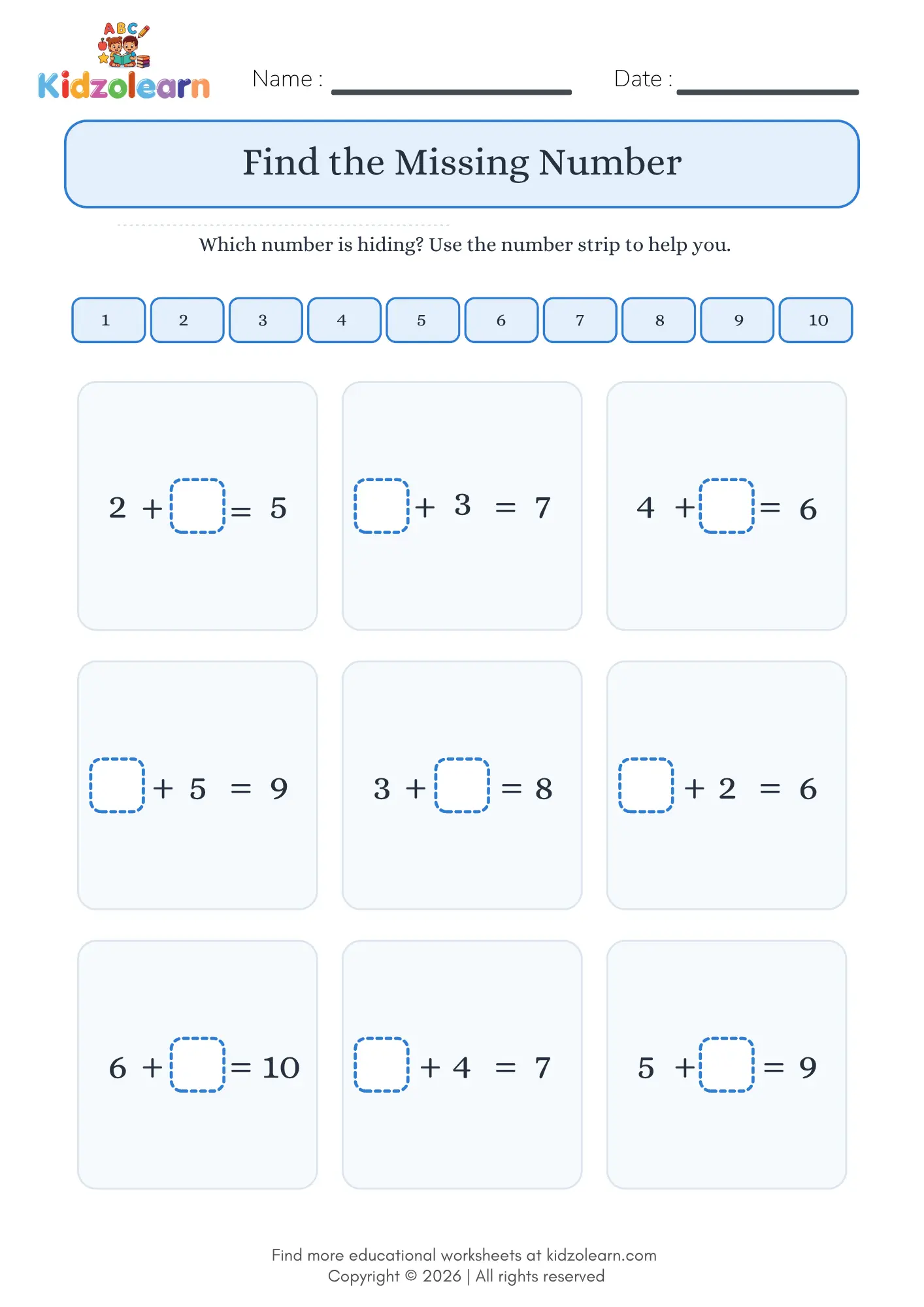 Free missing addend worksheet for kids – printable PDF with nine addition sums missing one number and a 1 to 10 number strip for support