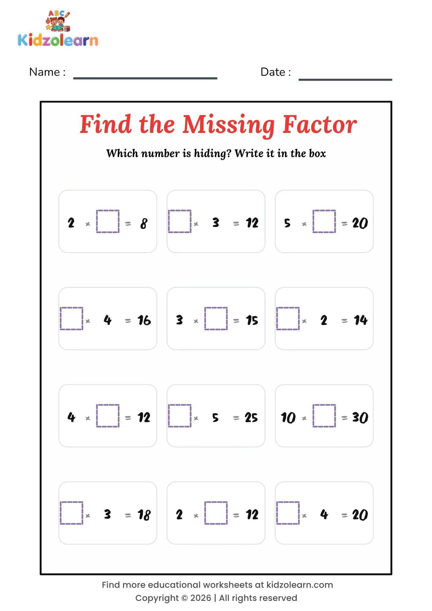 Free missing factor worksheet for kids – printable PDF with twelve multiplication sentences each missing one factor
