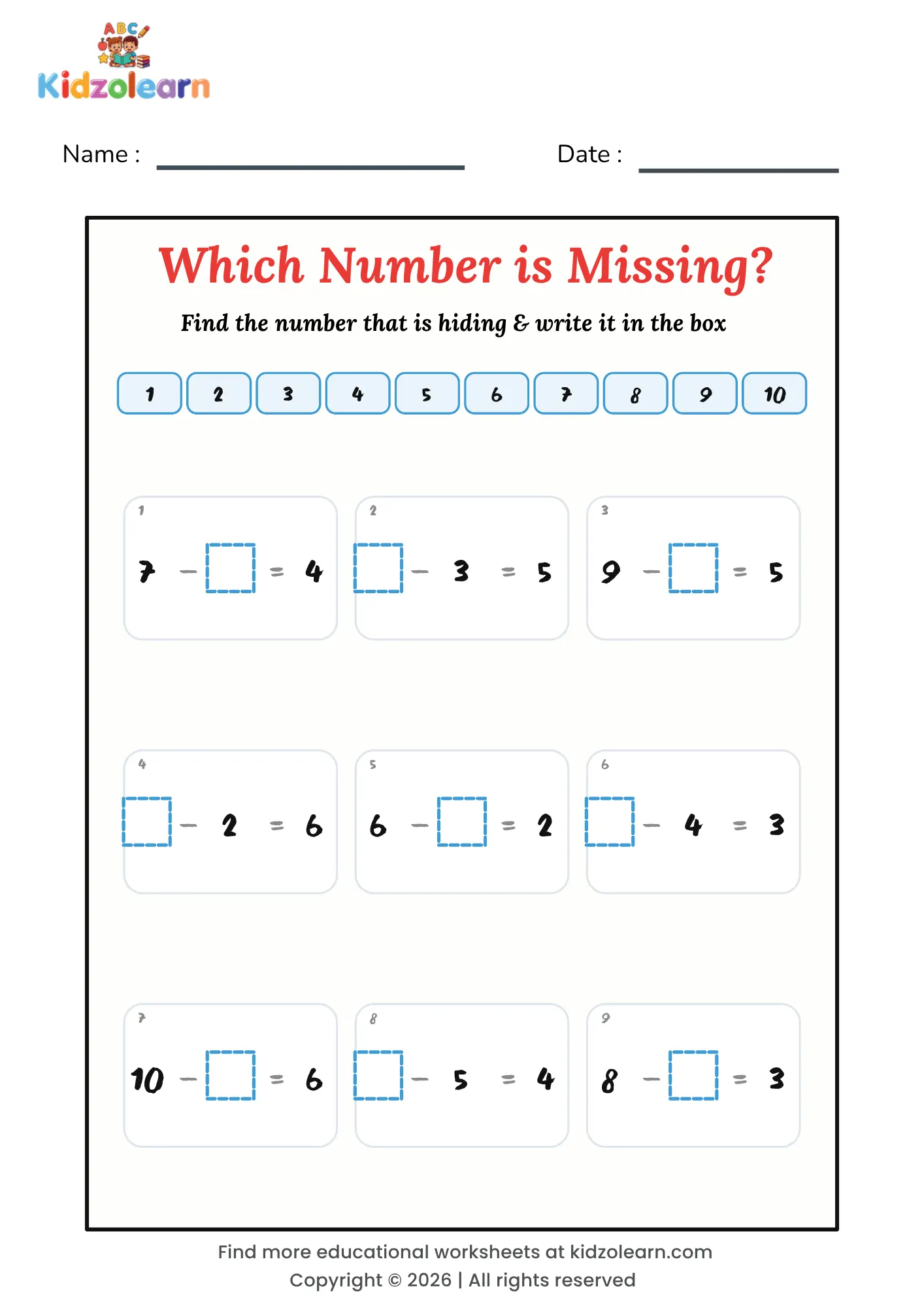 Free missing number subtraction worksheet for kids – printable PDF with nine take-away sums missing one number and a 1 to 10 number strip for support