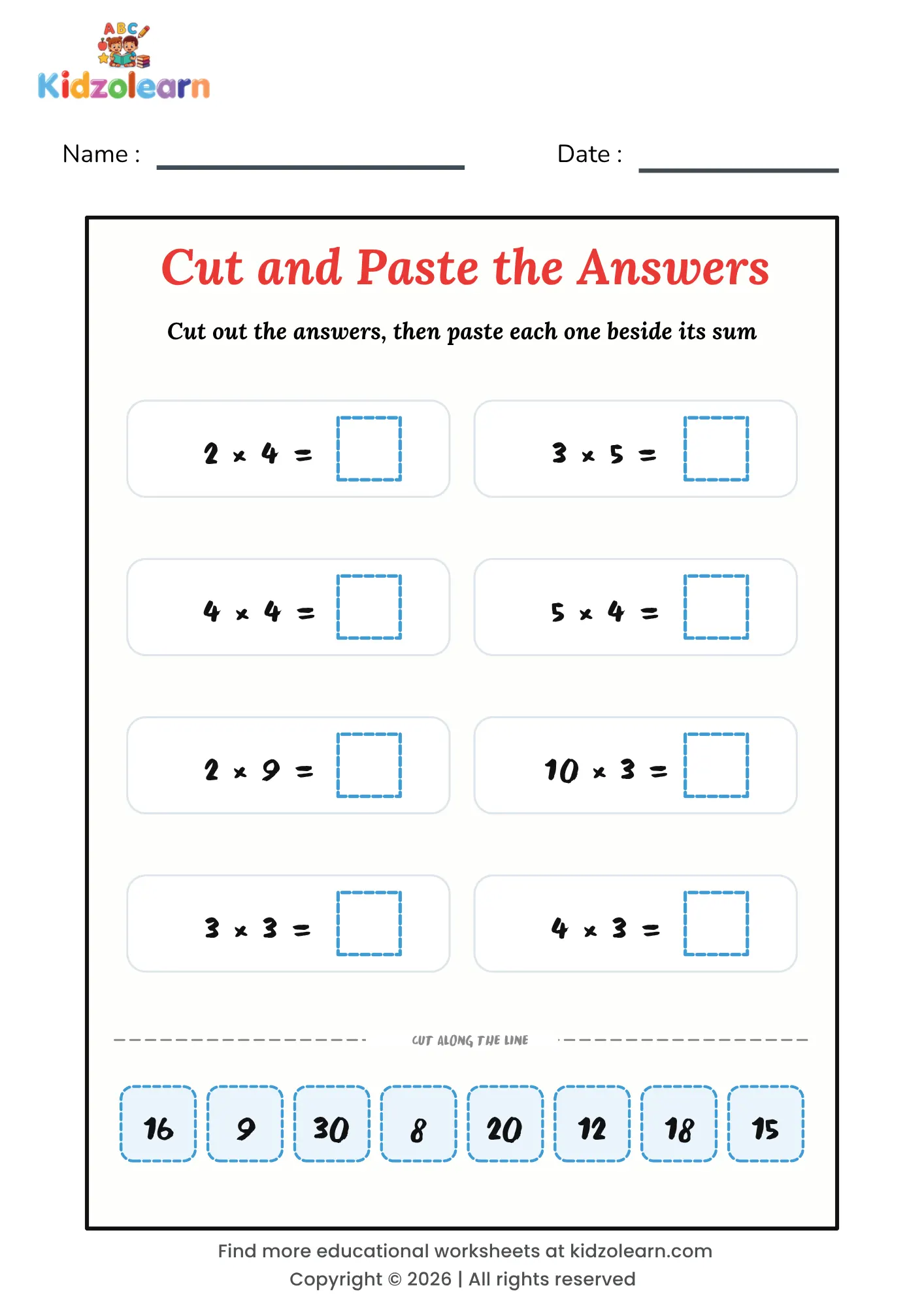 Free multiplication cut and paste worksheet for kids – printable PDF with eight times table sums and a strip of answer tiles to cut out