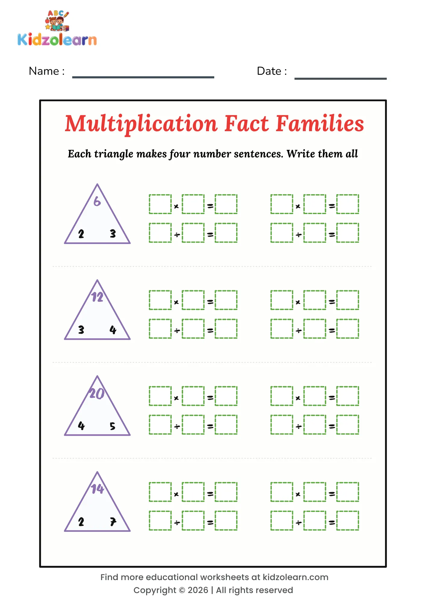 Free multiplication fact families worksheet for kids – printable PDF with four number triangles and space for four number sentences each