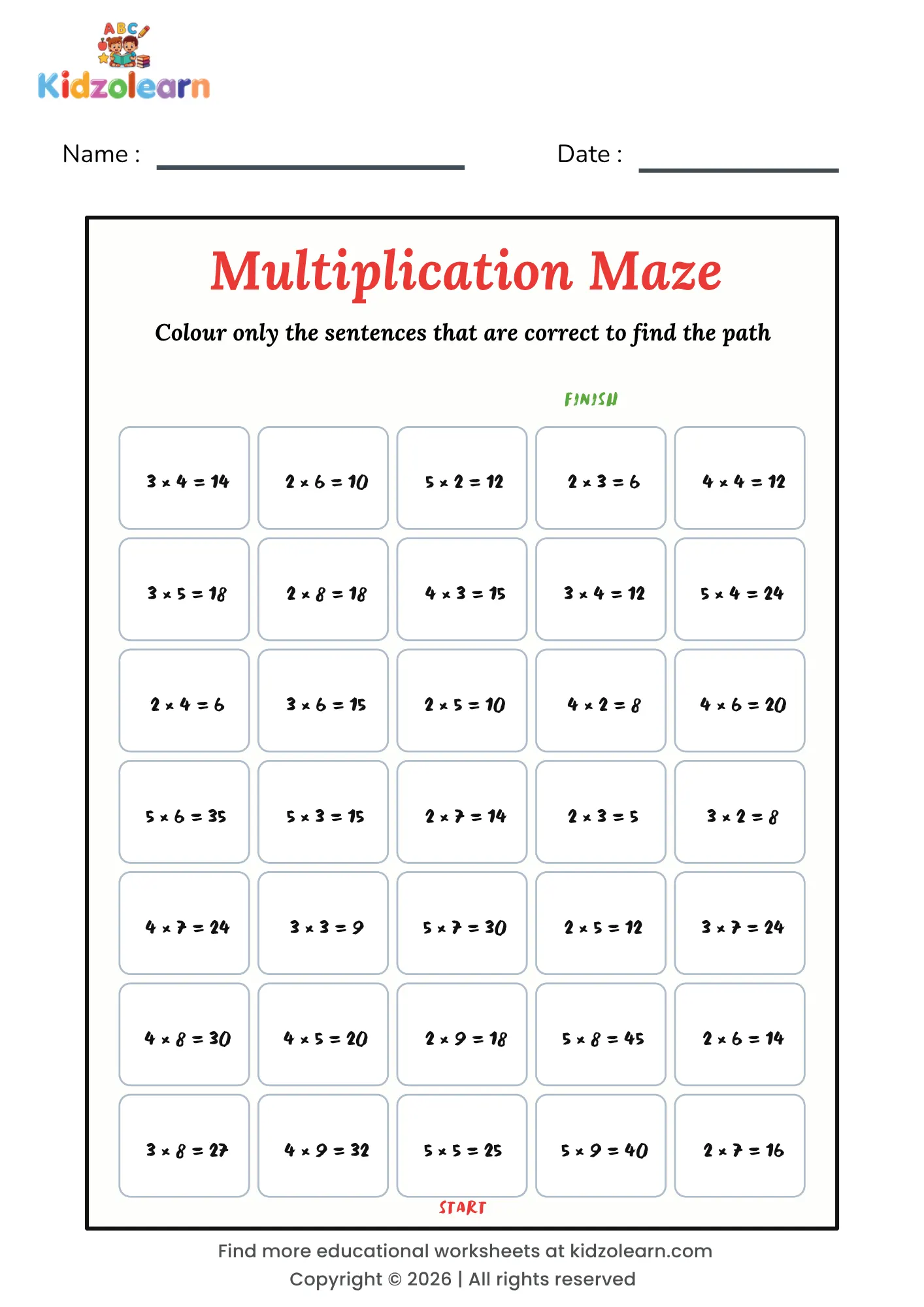 Free multiplication maze worksheet for kids – printable PDF grid of true and false times table sentences forming a path from start to finish