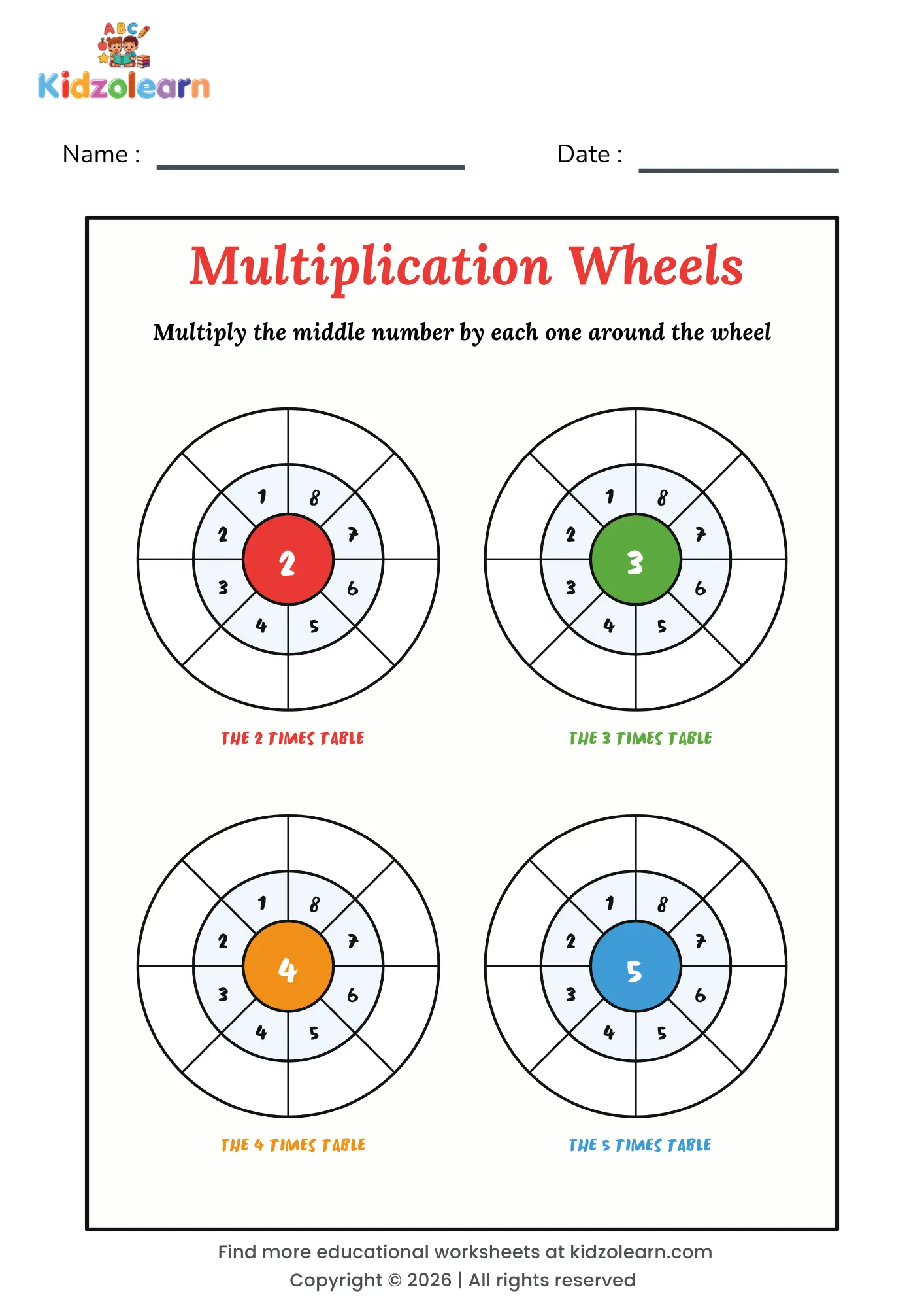 Free multiplication wheels worksheet for kids – printable PDF with four times table wheels for the 2, 3, 4 and 5 tables