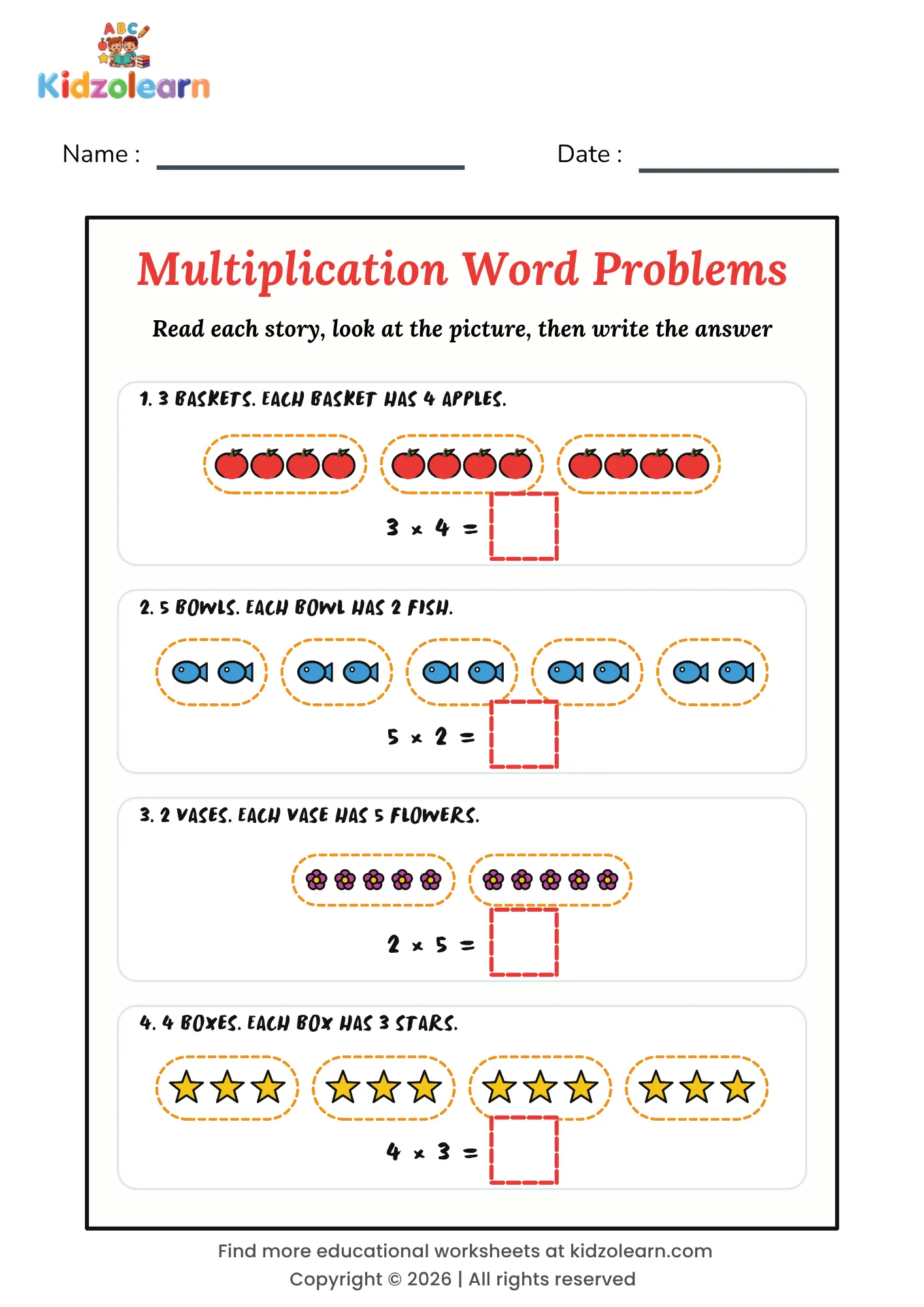 Free multiplication word problems worksheet for kids – printable PDF with four picture story problems showing equal groups of objects