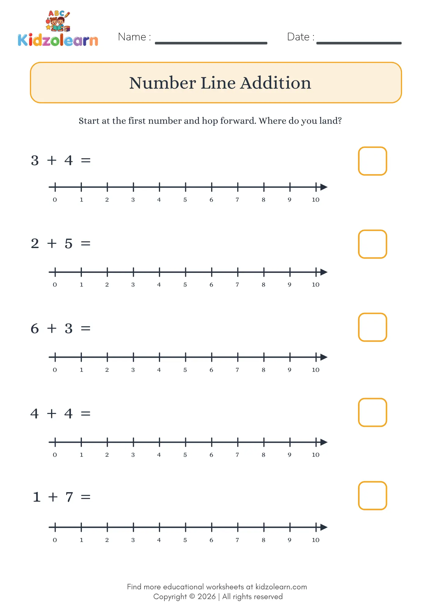 Free number line addition worksheet for kids – printable PDF with five 0 to 10 number lines to hop along and solve addition sums