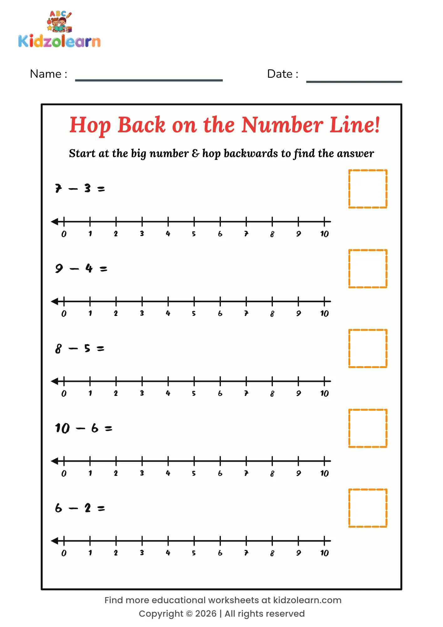 Free number line subtraction worksheet for kids – printable PDF with five 0 to 10 number lines to hop backwards along and solve subtraction sums