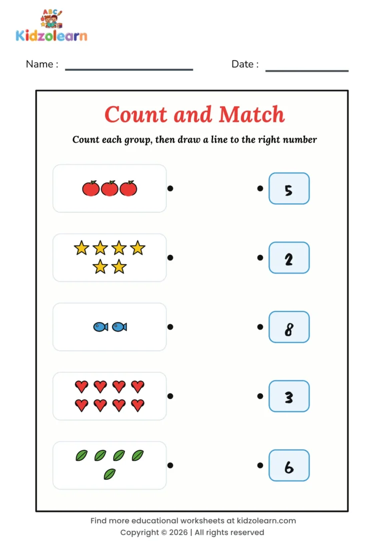 Free number matching worksheet for kids – printable PDF with five picture groups to count and join by line to their numbers