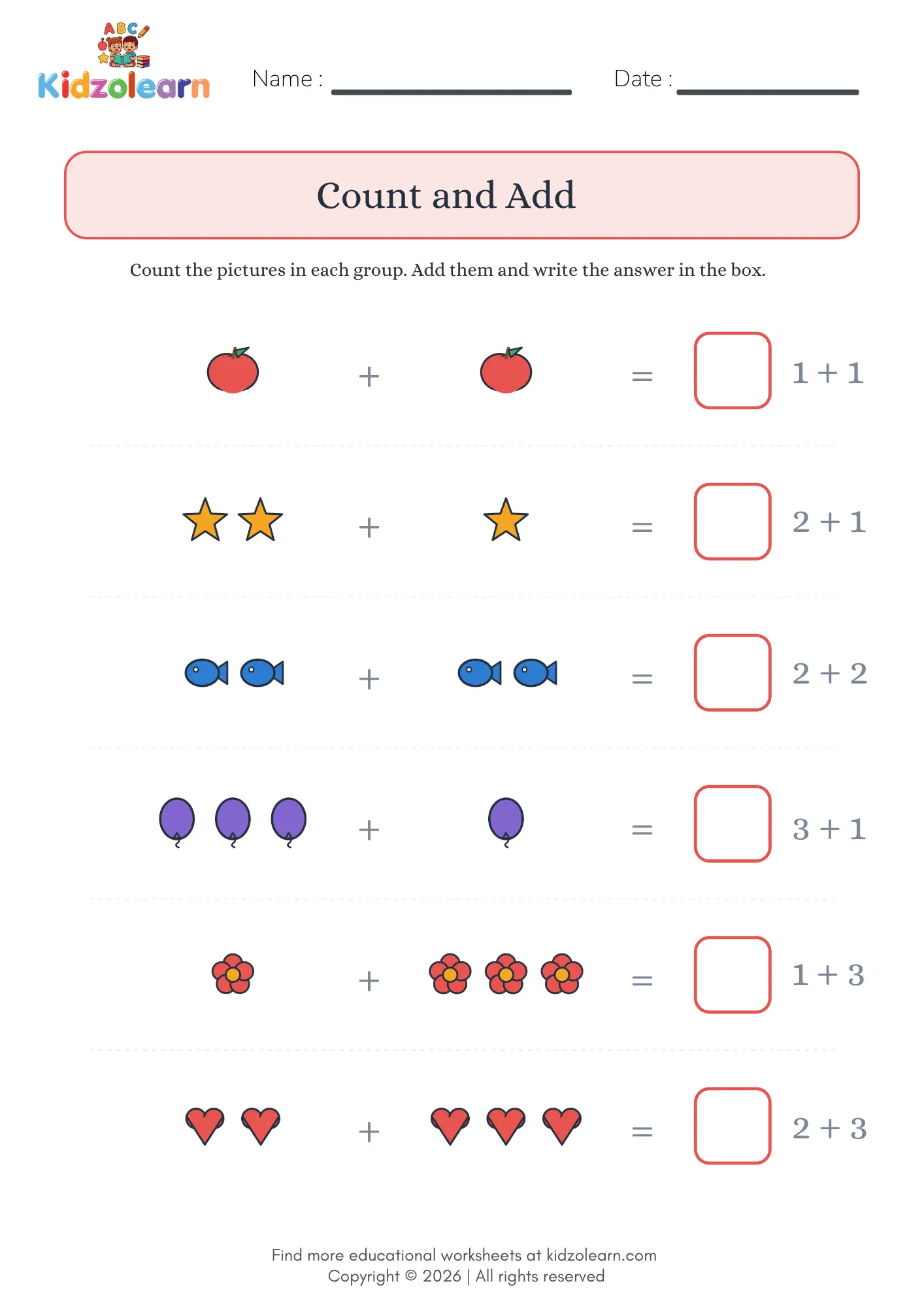 Free picture addition worksheet for kids – printable PDF with six rows of picture groups to count, add and write the sum in the answer box
