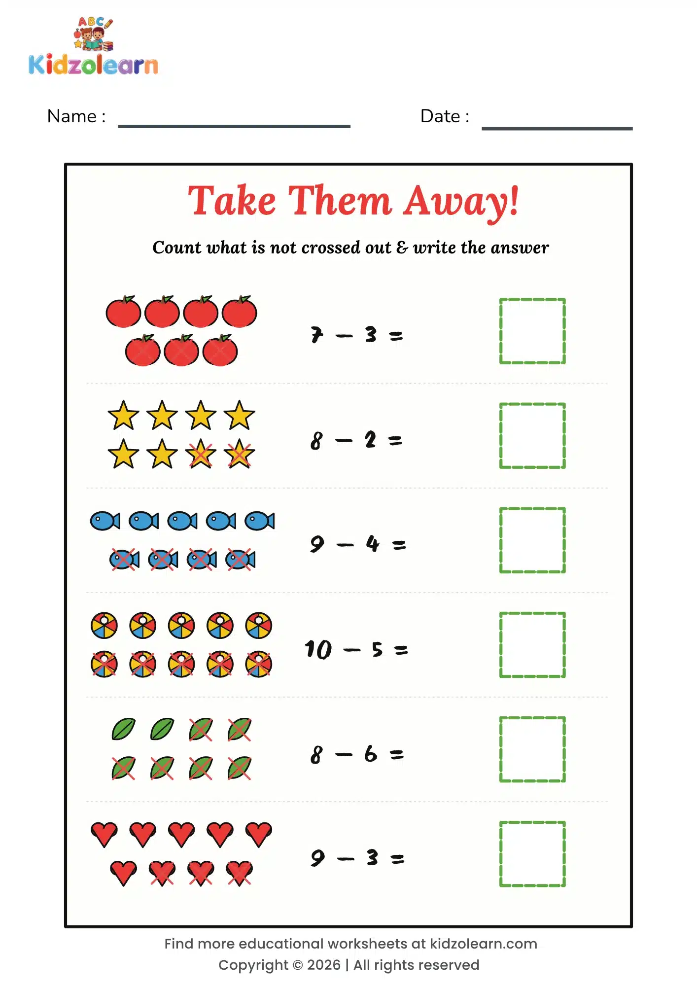 Free picture subtraction worksheet for kids – printable PDF with six rows of objects partly crossed out to count and subtract within 10