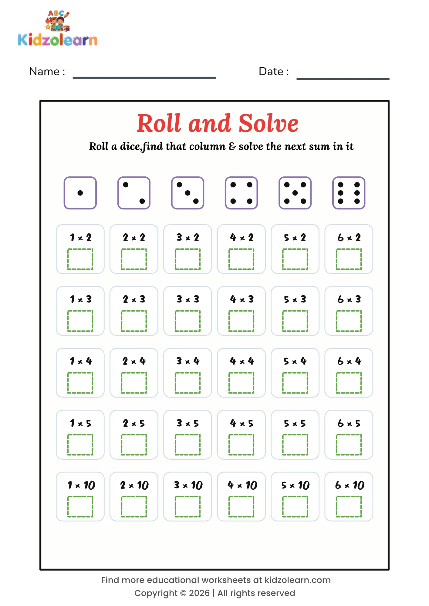 Free roll and solve multiplication worksheet for kids – printable PDF with six dice columns and thirty times table sums to solve