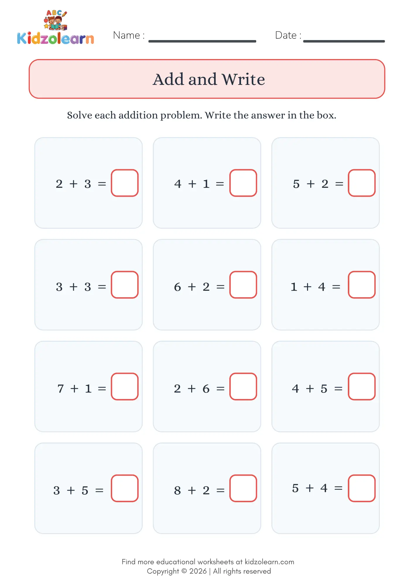Free simple addition worksheet for kids – printable PDF with twelve written addition sums in boxes and an answer box for each