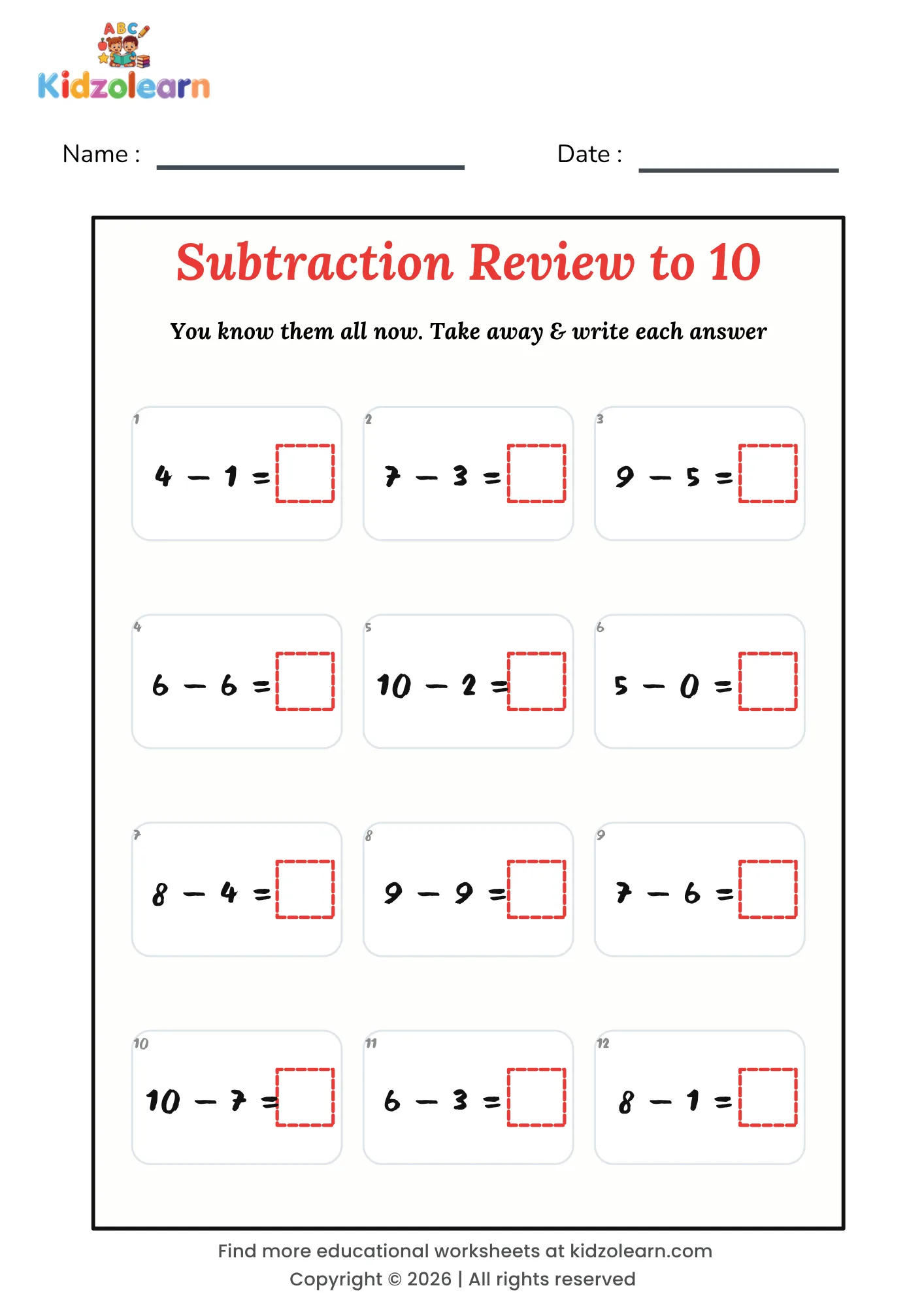 Free subtraction facts worksheet for kids – printable PDF with twelve mixed review sums to 10 including zero facts and same number facts