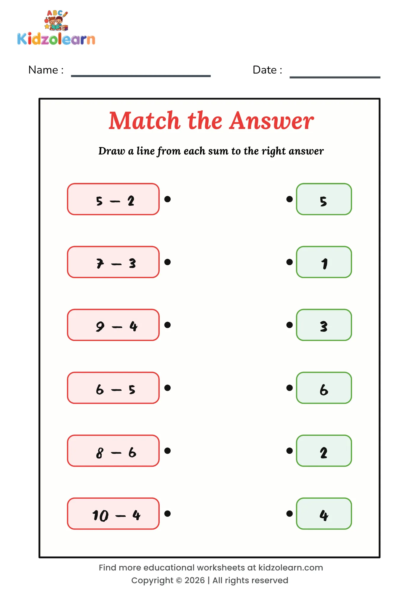 Free subtraction matching worksheet for kids – printable PDF with six take-away sums to join by line to their correct answers