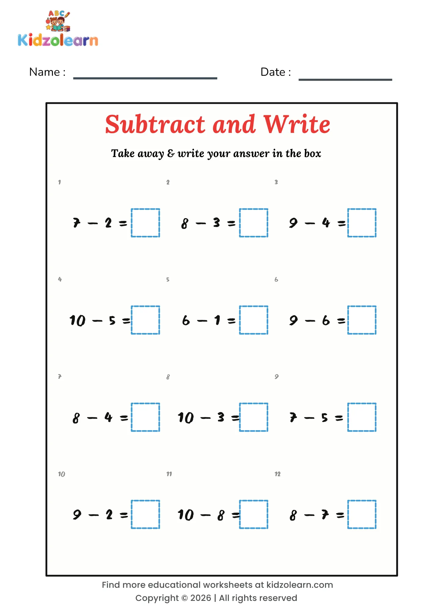 Free subtraction to 10 worksheet for kids – printable PDF with twelve written take-away sums within 10 and an answer box for each