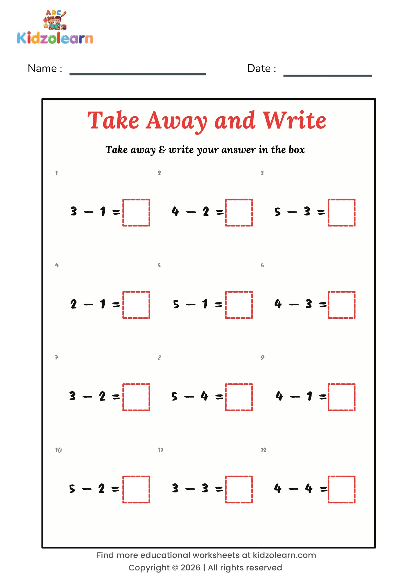 Free subtraction to 5 worksheet for kids – printable PDF with twelve written take-away sums within 5 and an answer box for each