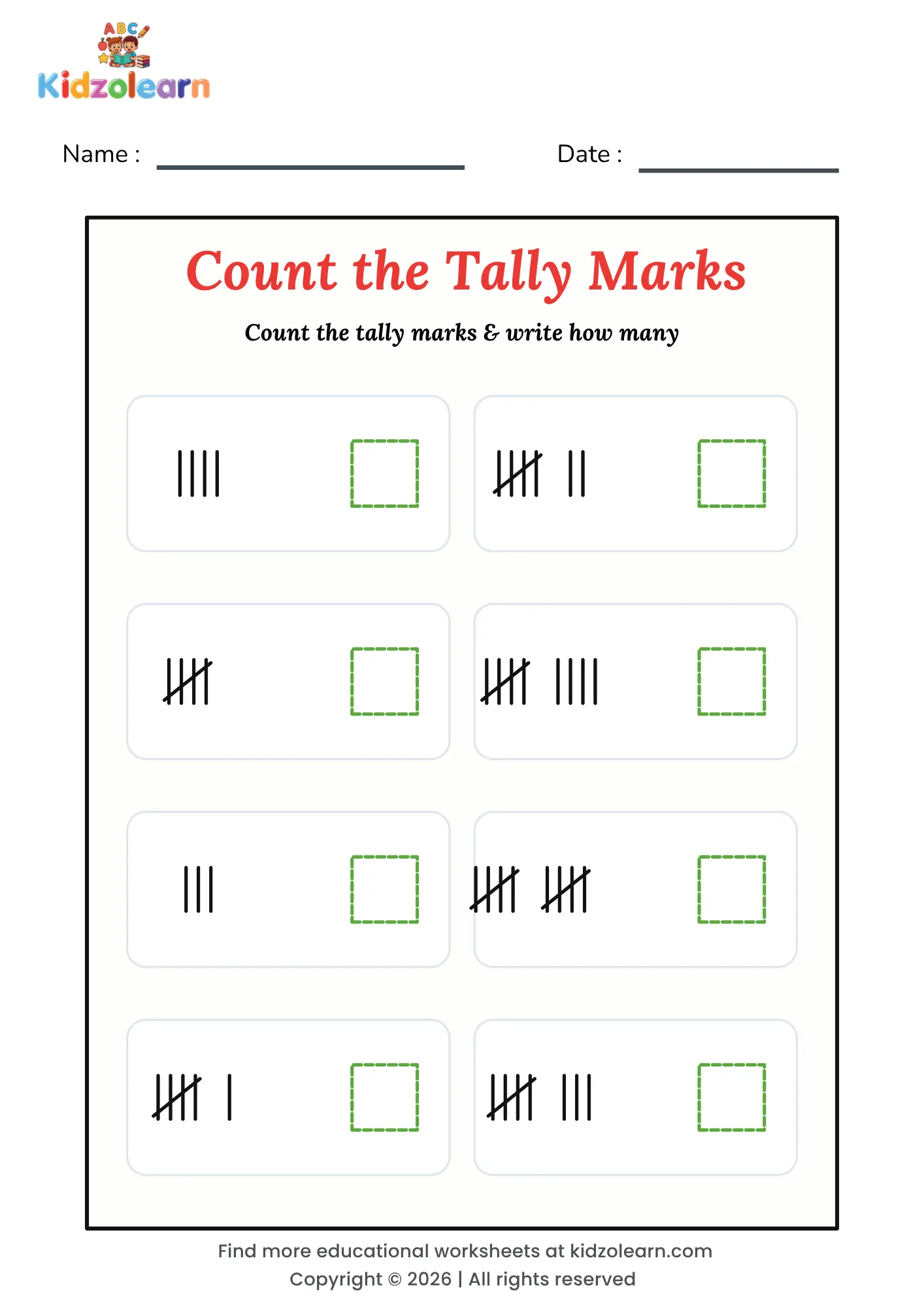 Free tally marks worksheet for kids – printable PDF with eight groups of tally marks from 3 to 10 to count and record