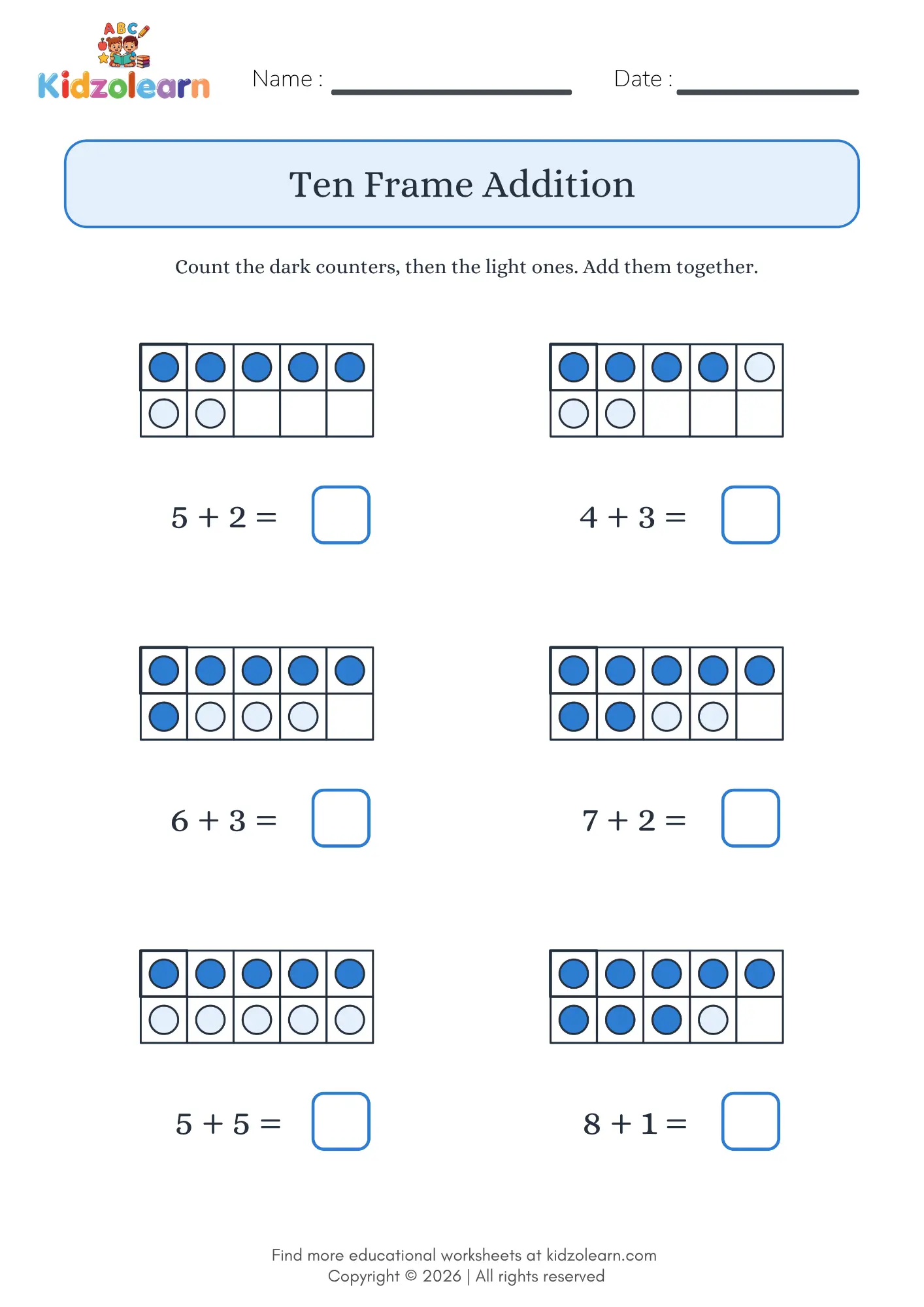 Free ten frame addition worksheet for kids – printable PDF with six ten frames of dark and light counters to count and add within 10