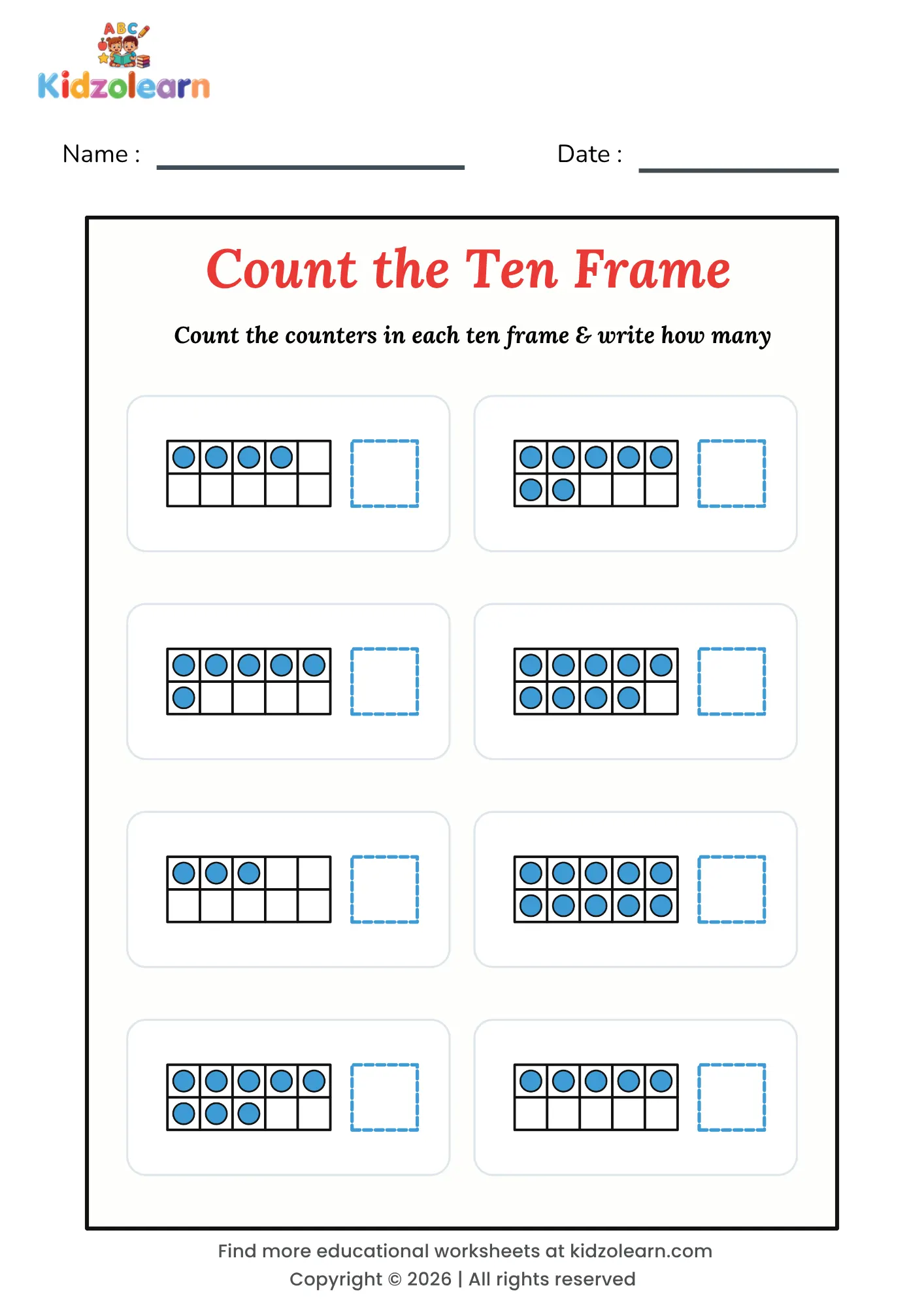 Free ten frame counting worksheet for kids – printable PDF with eight ten frames of blue counters to count and record