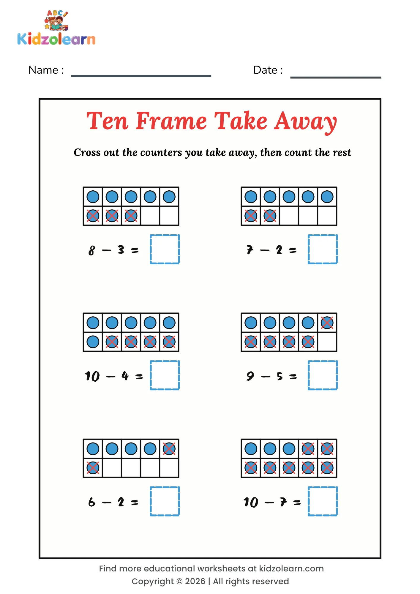 Free ten frame subtraction worksheet for kids – printable PDF with six ten frames of counters to cross out and count for subtraction within 10