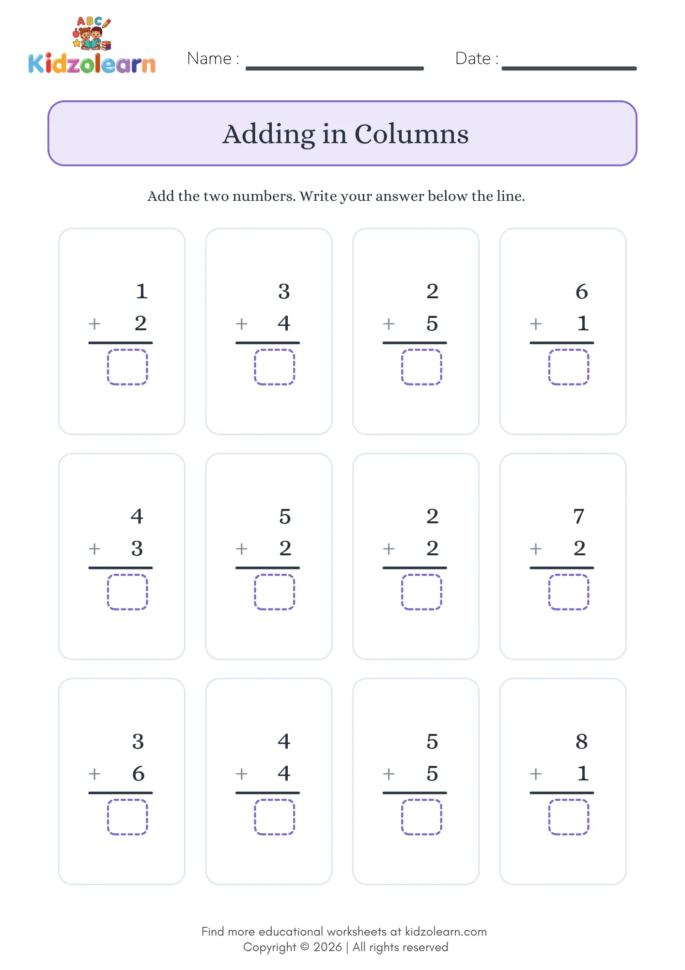 Free vertical addition worksheet for kids – printable PDF with twelve column addition sums stacked above a line with an answer box below