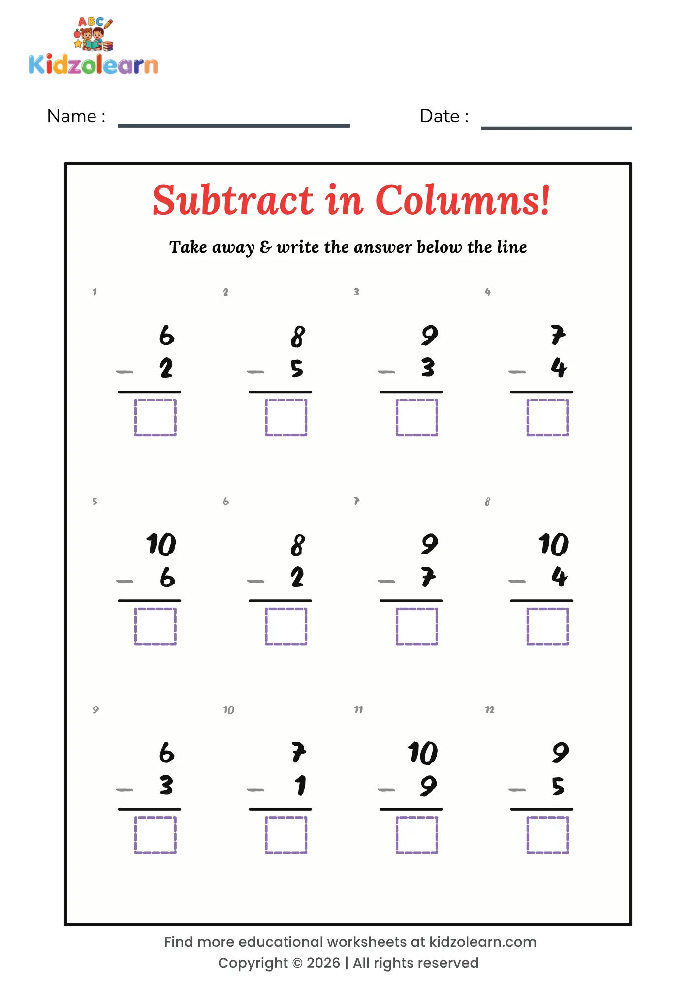 Free vertical subtraction worksheet for kids – printable PDF with twelve column subtraction sums stacked above a line with an answer box below