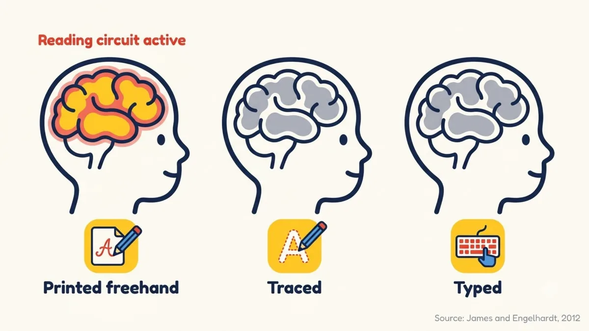 Brain research on tracing letters vs writing letters: the reading circuit is active only after freehand printing, not after tracing or typing