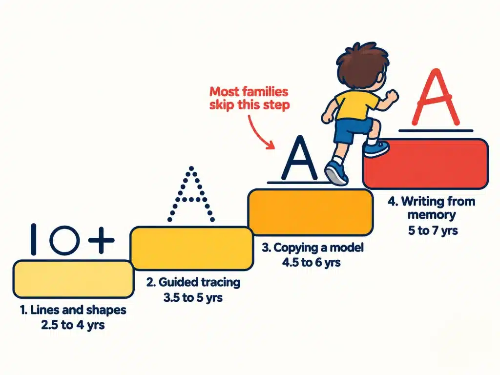 Four stages from pre-writing shapes to tracing letters to copying to writing letters from memory, with age ranges for each stage
