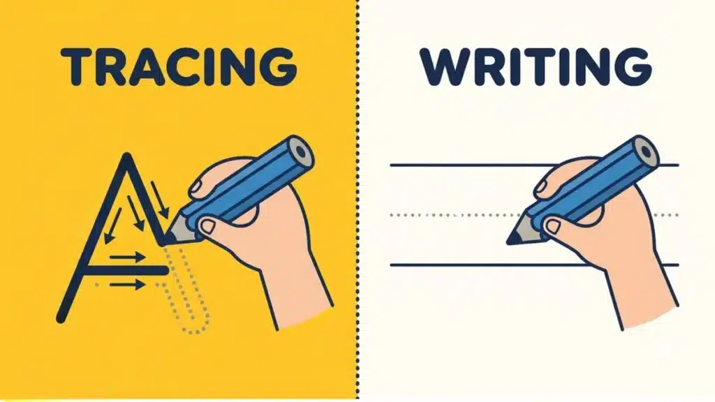 Tracing letters vs writing letters compared side by side: a child's hand tracing a dotted letter A next to a hand writing a freehand letter A