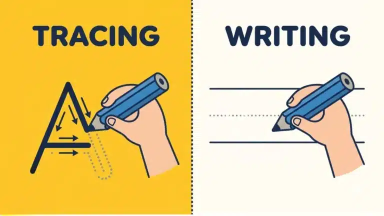 Tracing letters vs writing letters compared side by side: a child's hand tracing a dotted letter A next to a hand writing a freehand letter A