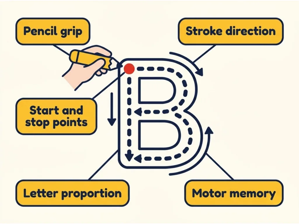The five skills tracing letters builds: pencil grip, stroke direction, start and stop points, letter proportion and motor memory